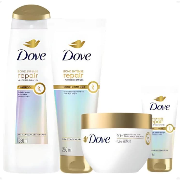 Kit Dove Bond Intense Repair – Shampoo 350ml + Condicionador 250ml + Máscara 250g + Leave-in 50ml