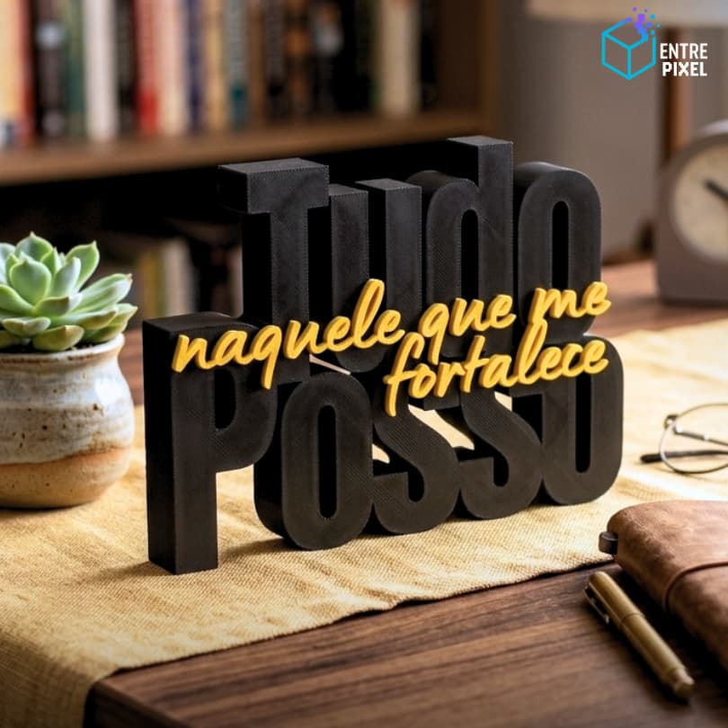 Placa Decorativa 3D – “Tudo Posso Naquele Que Me Fortalece”, versículo bíblico, decoração cristã.