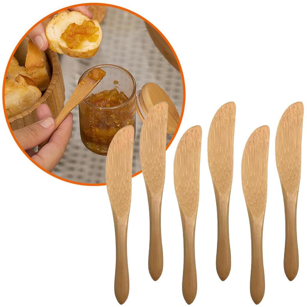 Conjunto 6 Mini Facas Bambu Espátulas Geleias Manteiga Patê Servir Mesa Posta Premium