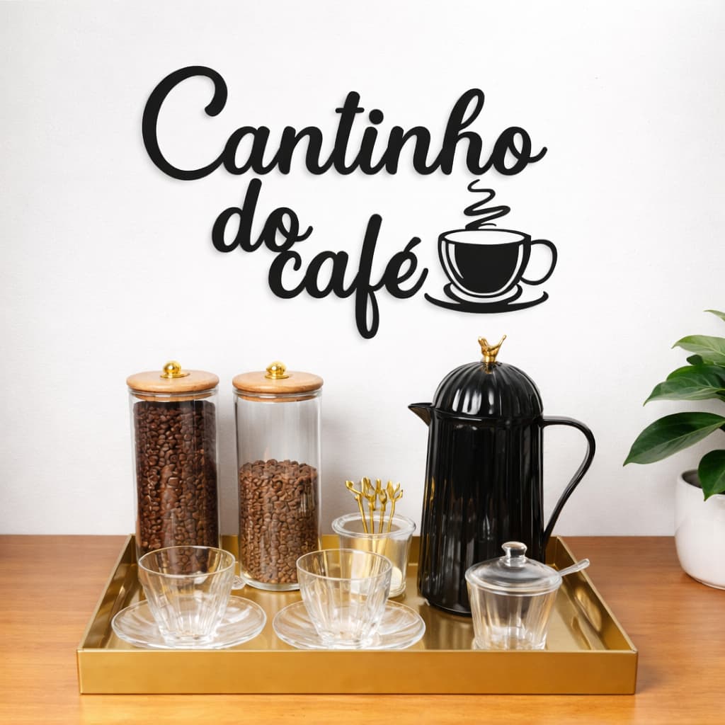 Kit Cantinho do Café para Decoração de Cozinha em Mdf Preto Fosco com Fita Dupla Face