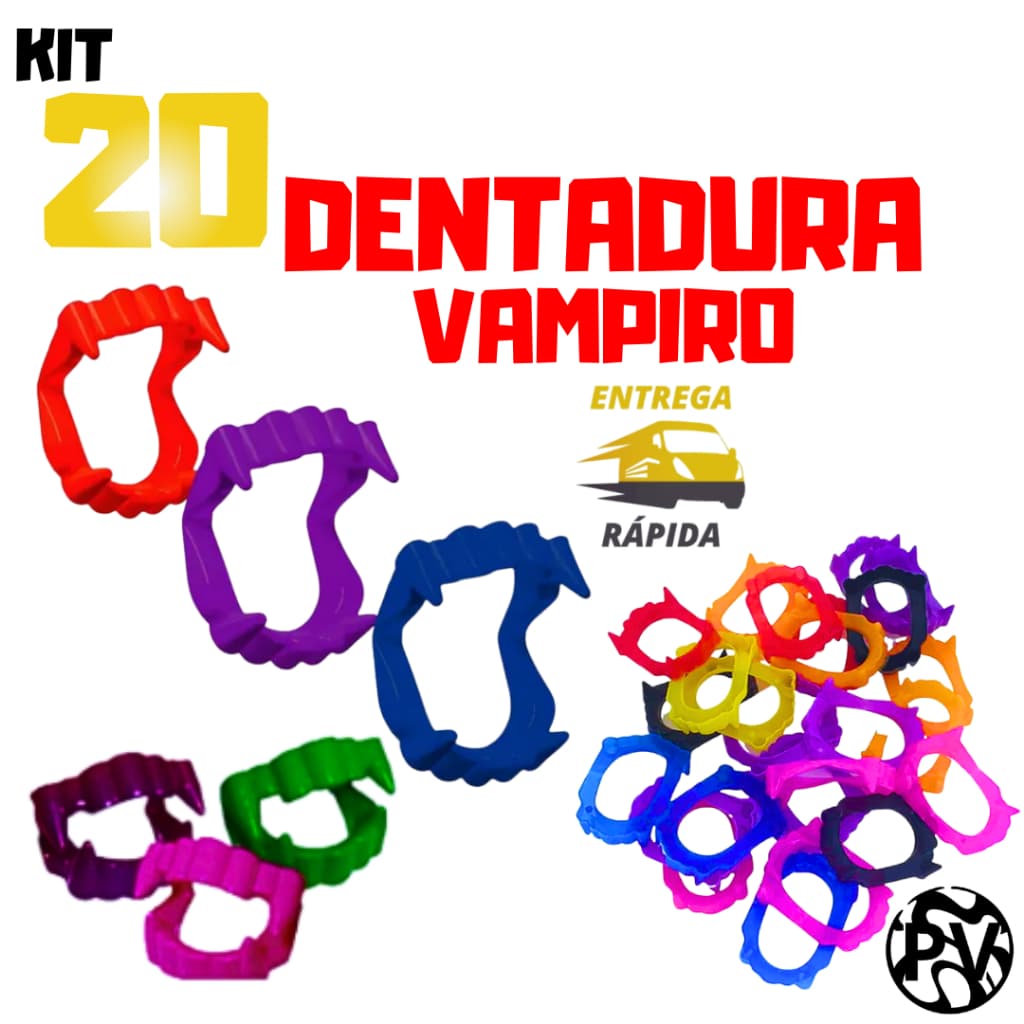 Kit 20 Dentaduras Coloridas Vampiro Halloween Brinquedo Lembrancinha Festa Infantil