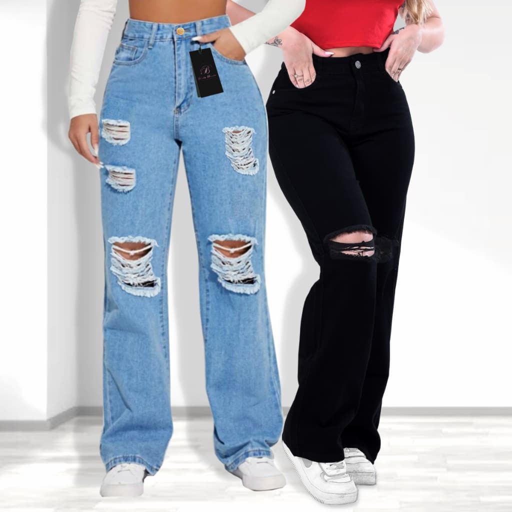 KIT 2 Calça Jeans Feminina wide leg Cintura Alta Rasgadinha Destroyed