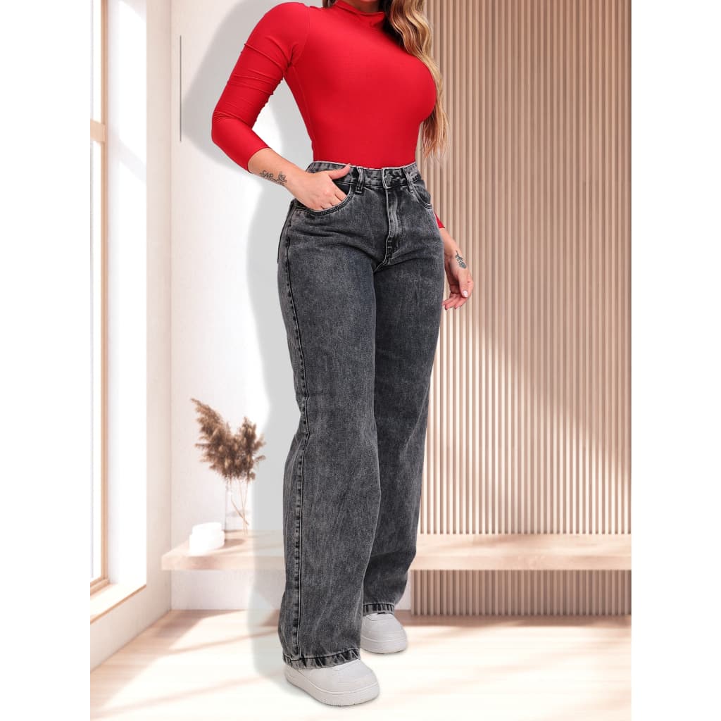 Calça Jeans Feminina Pantalona wide  modelagem perfeita cintura alta 100% Jeans Premium Grafite