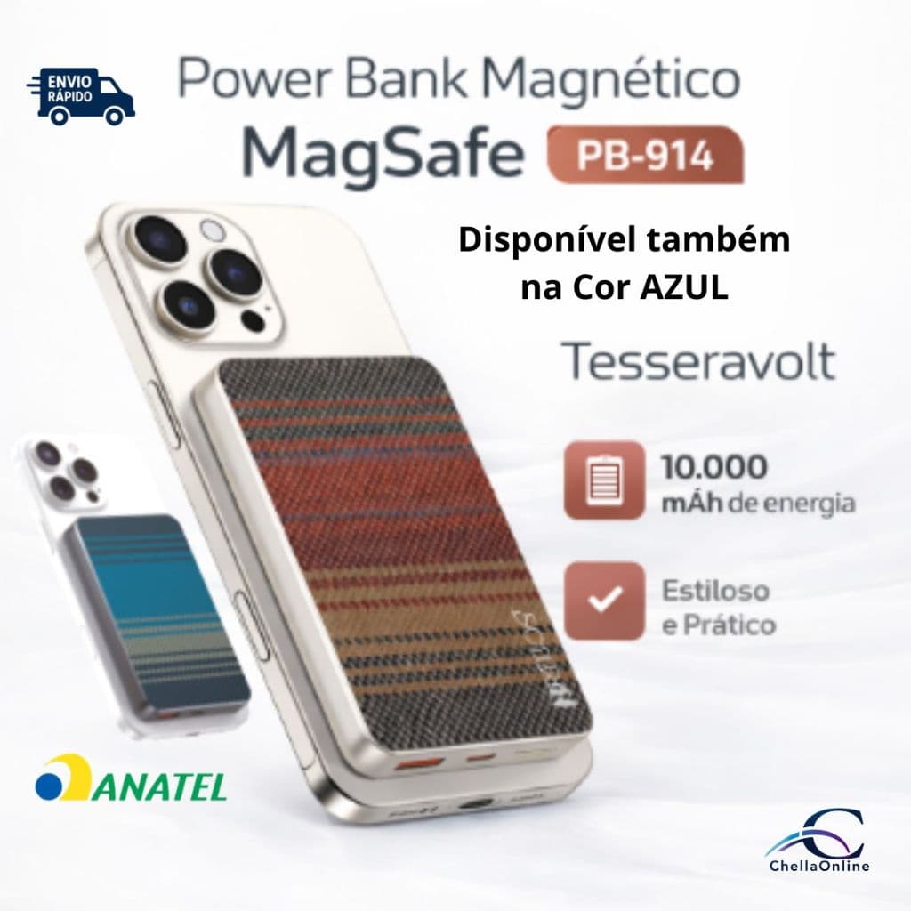 Power Bank 10000mAh MagSafe Magnético Hrebos | Wireless + USB-C | Carregador Portátil
