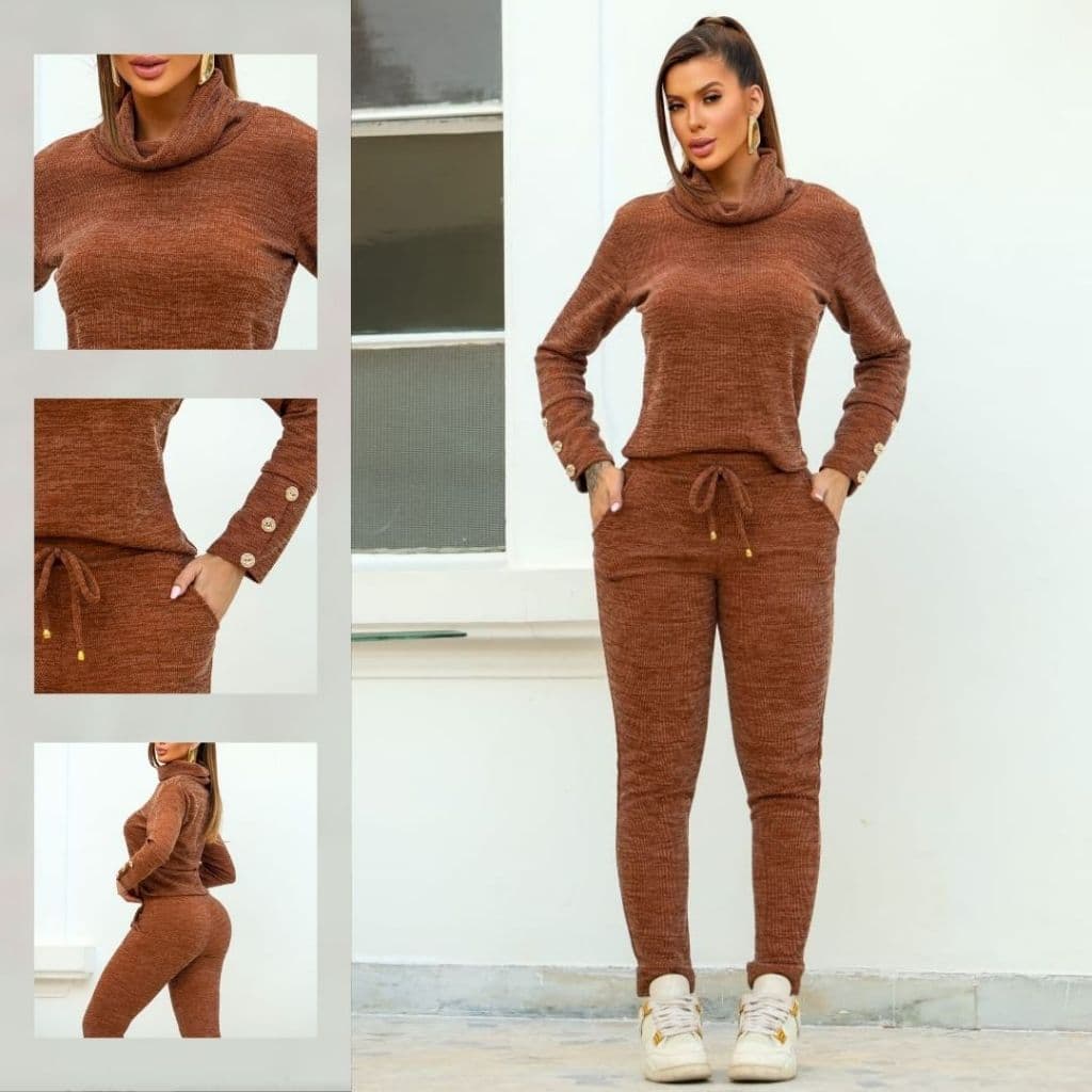 Conjunto Feminino Outono/Inverno Elegante Gola Alta Manga Longa + Calça com Elástico na Cintura