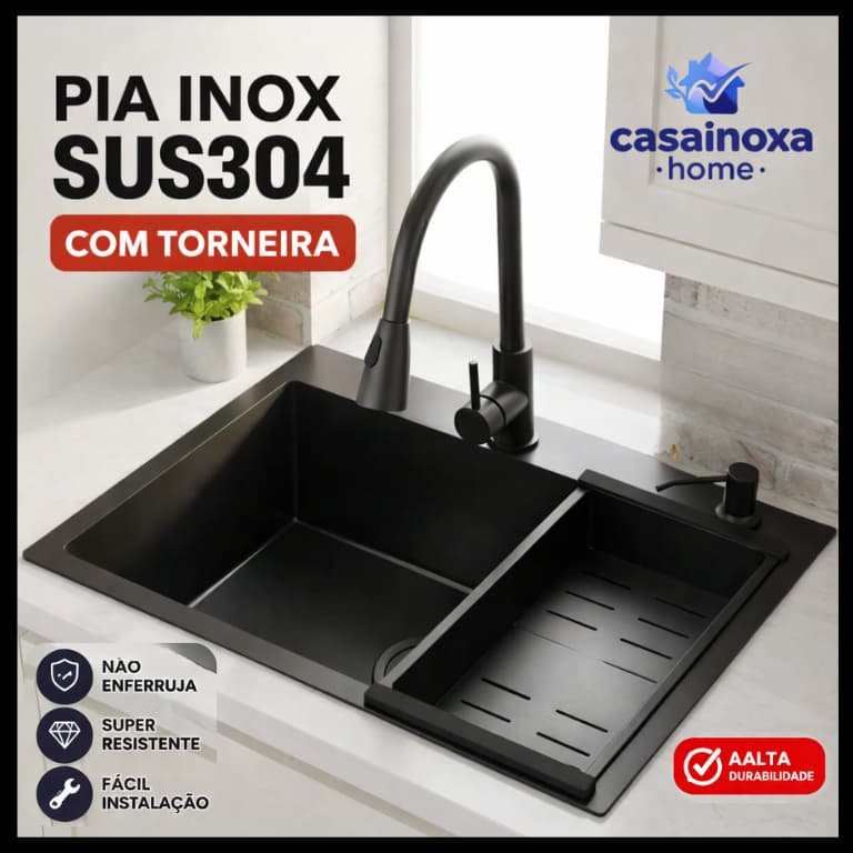 Pia Inox Dupla 75cm SUS304 Completa com Torneira Oferta Promoção Cozinha Gourmet