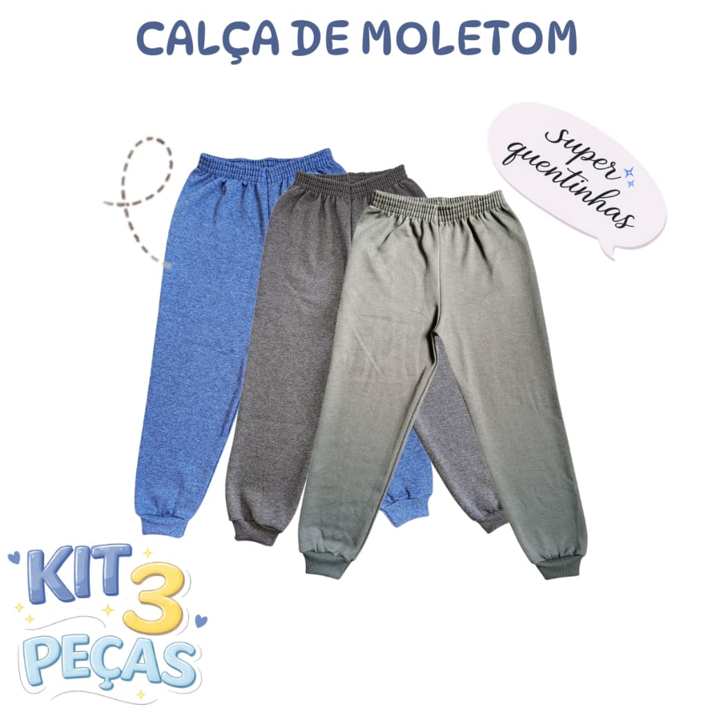 Kit 3 Calças Moletom Peluciado Menino Infantil Juvenil 1 ao 16 Cores Sortidas