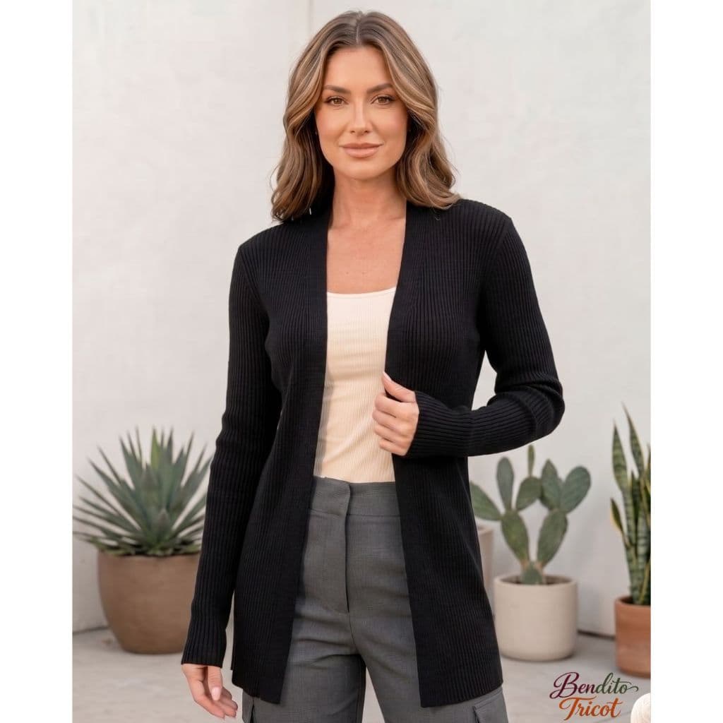 Cardigã Feminino Tricot Aberto Básico Canelado Manga Longa Tricô Moda Inverno