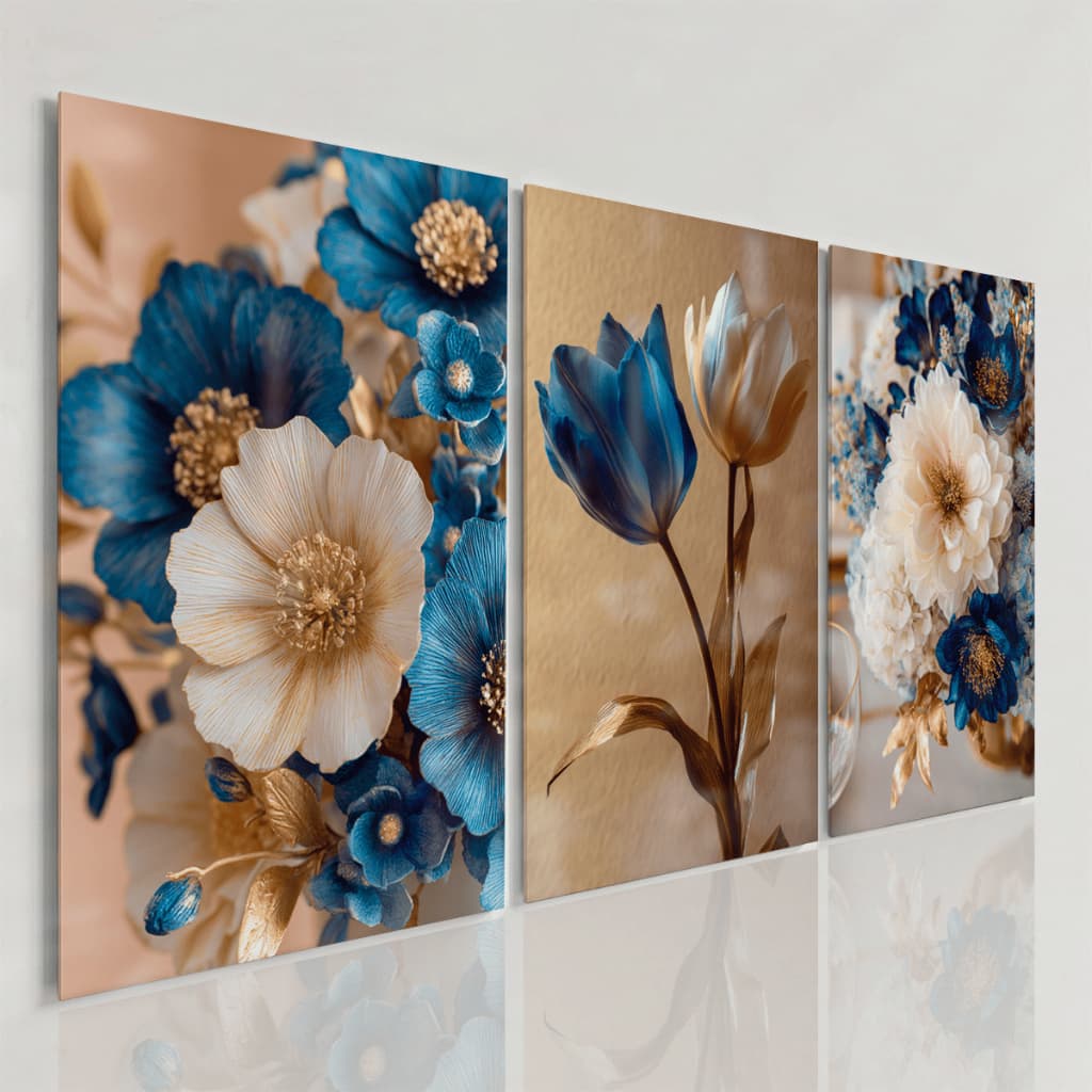 Quadros Decorativos Flores Azuis e Bege Luxo Floral Elegante Kit 3 Peças Sala Sofisticada