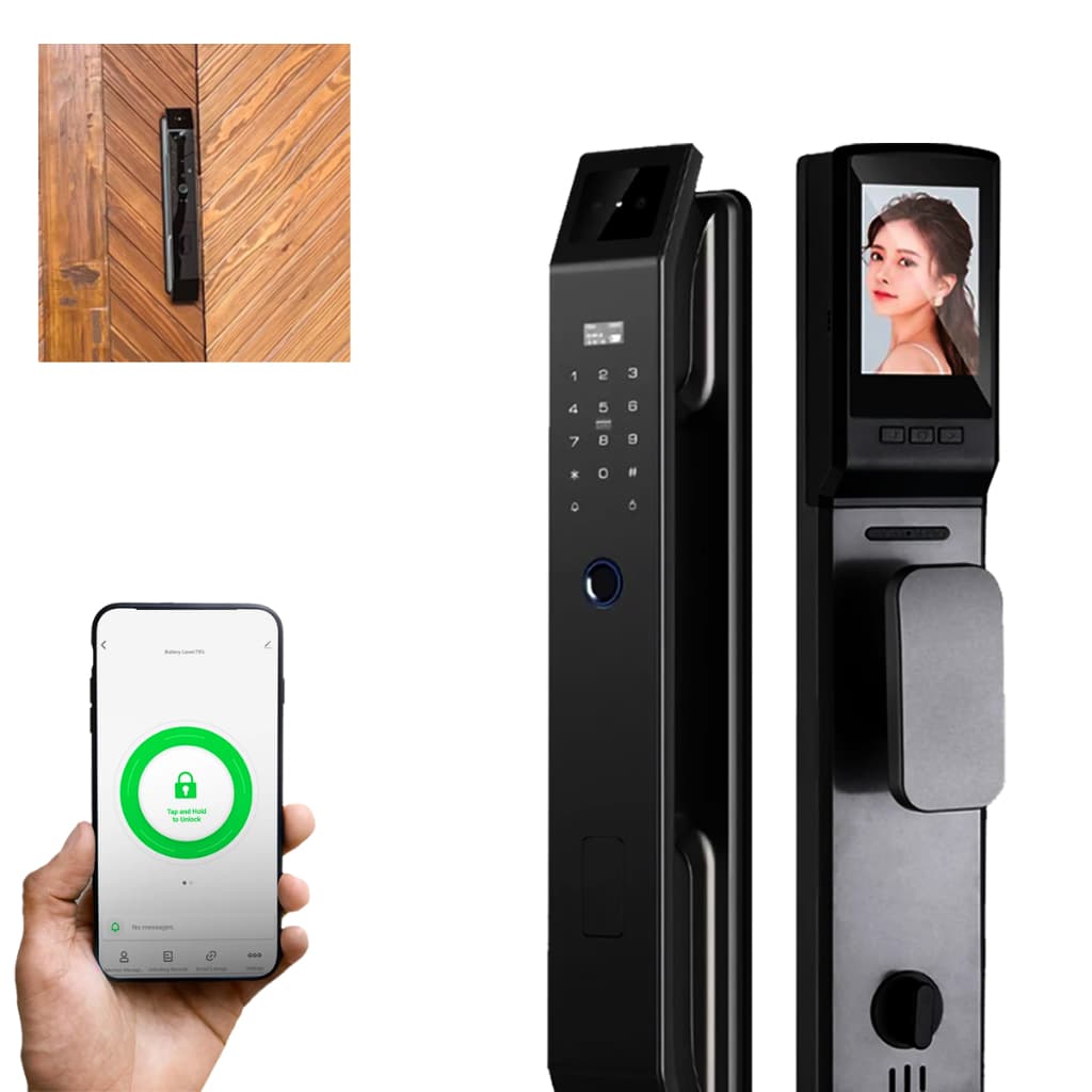 Fechadura Digital Biométrica Facial WiFi Senha TAG App Bateria Recarregável Porta 35-100mm Completa