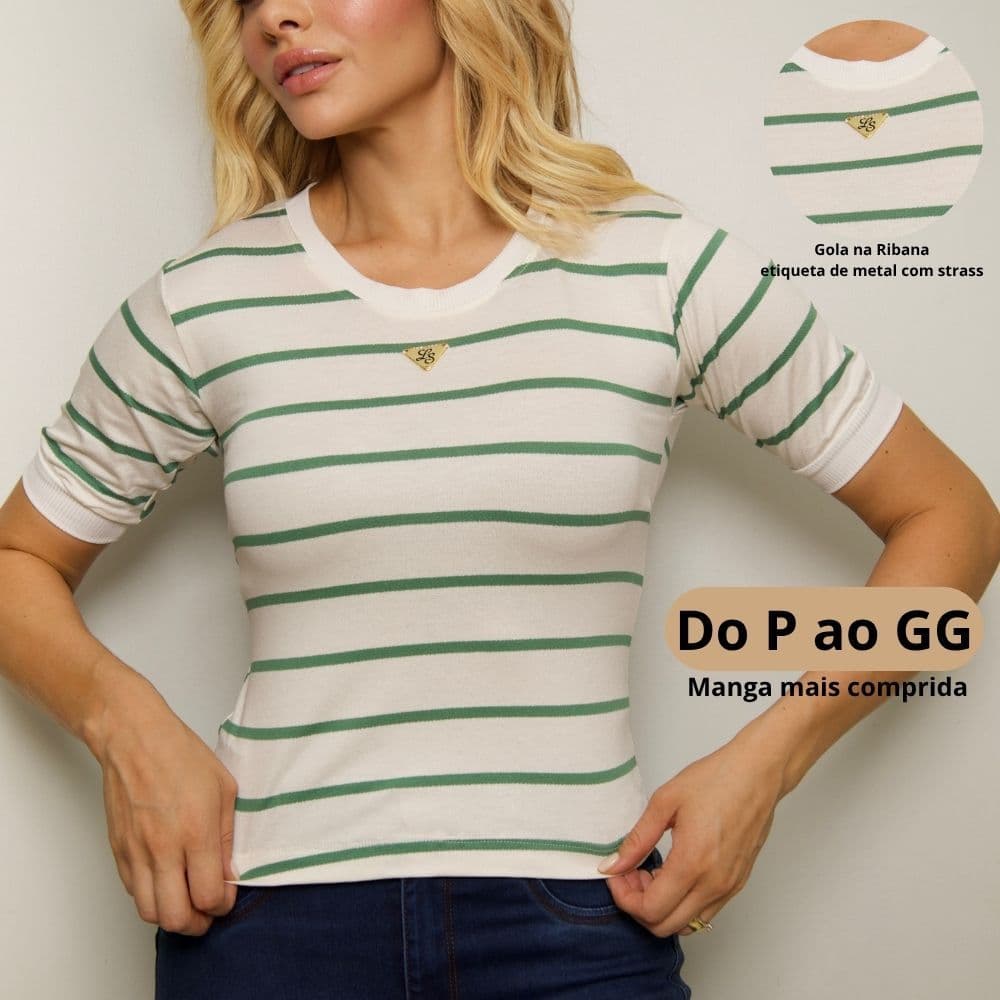 Blusa estilosa Tshirt feminina manga curta listrada Malha premium com elastano camiseta
