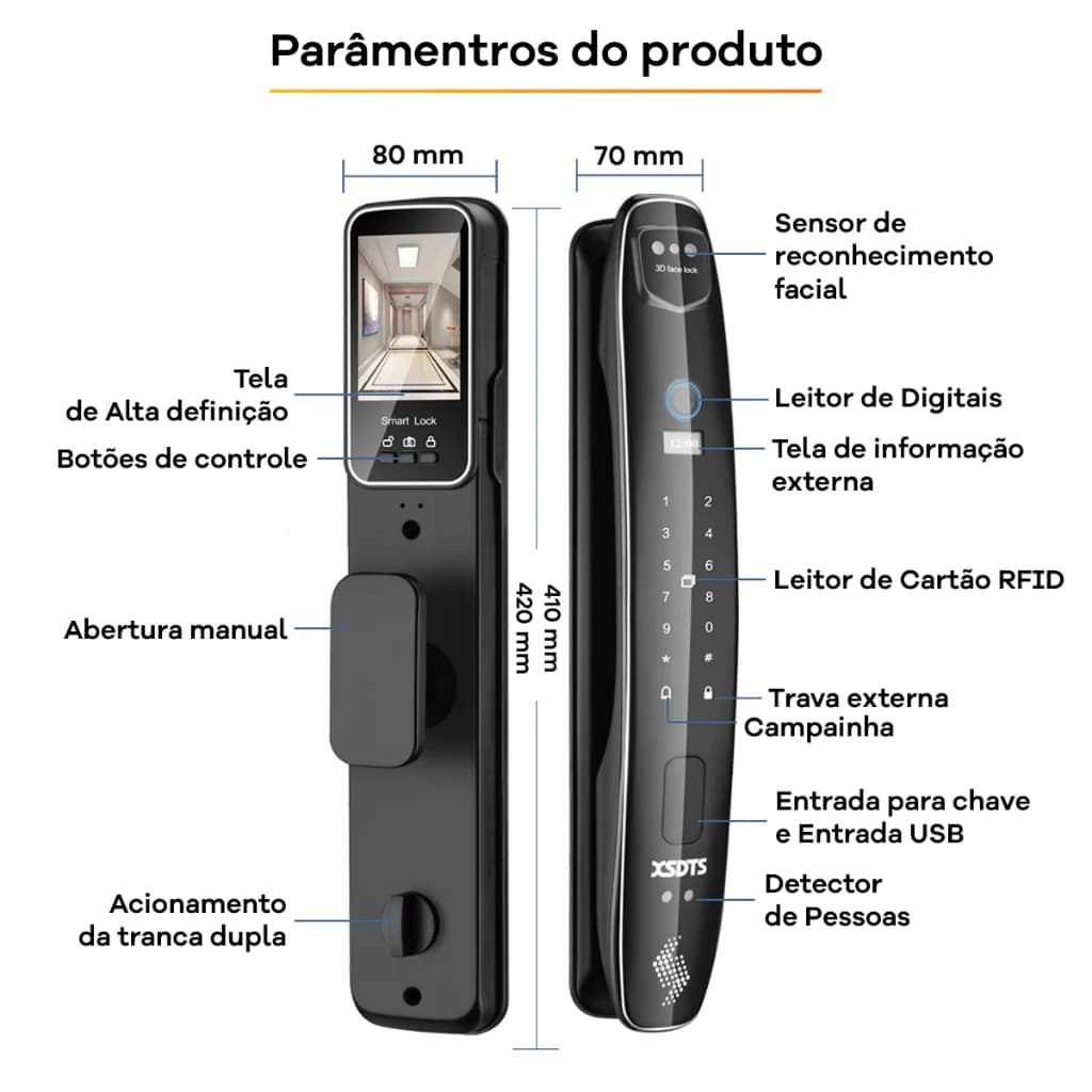 Fechadura Eletrônica Biométrica Facial Porta 35-80mm Recarregável Completa Segurança