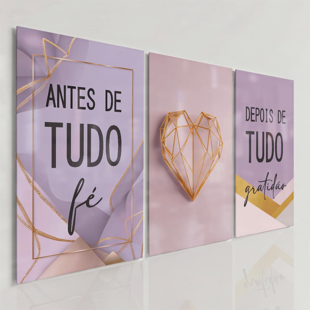 Quadros Decorativos Frases Motivacionais Lilás Dourado Fé Gratidão Coração Moderno Sala