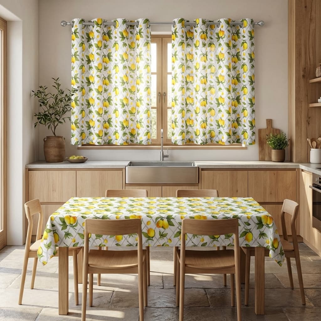 Kit Cozinha Cortina + Toalha de Mesa Estampada Oxford Para Janela Decoração Casa