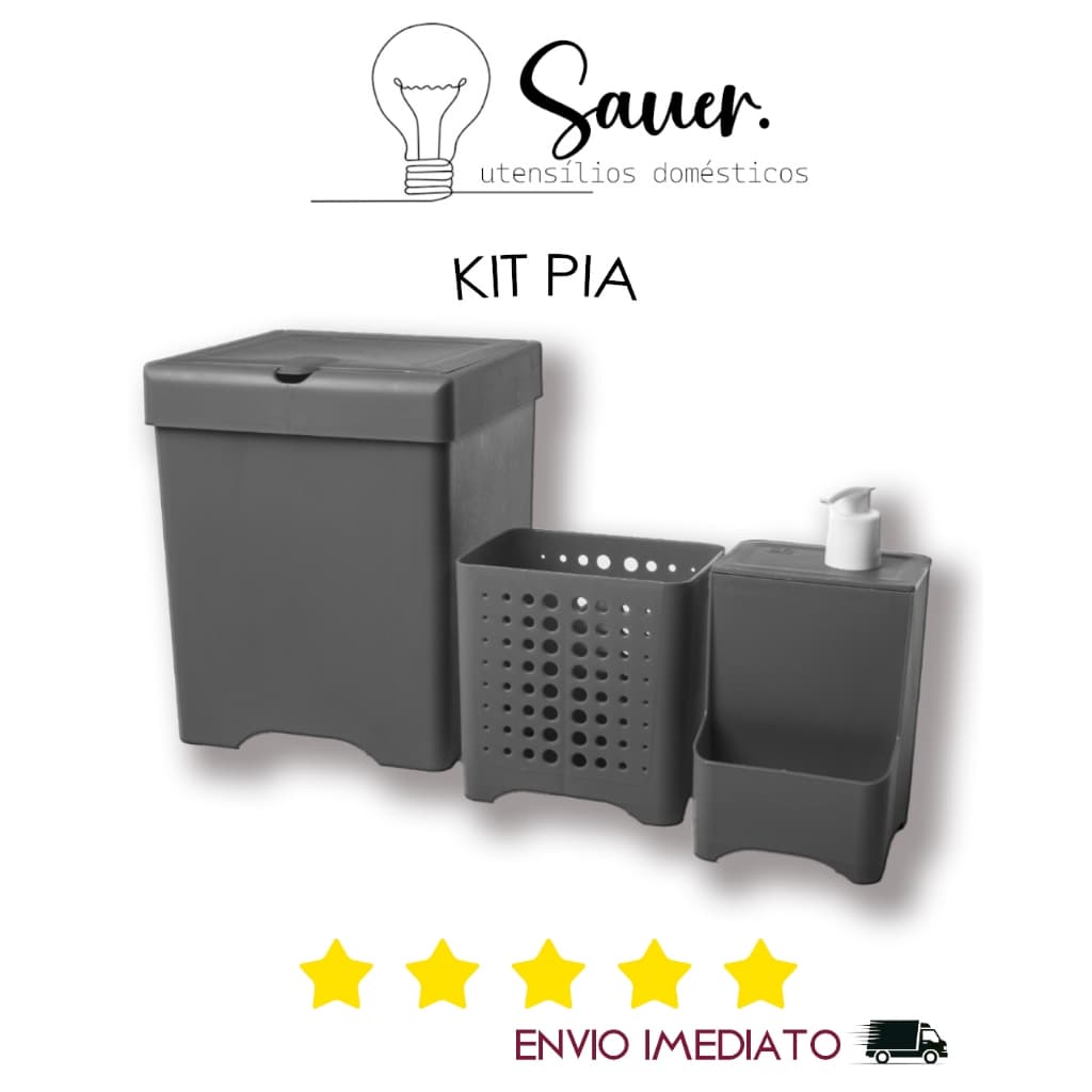 Kit Pia 3 Peças Lixeira + Dispenser Detergente + Porta Talher Organizador Bancada