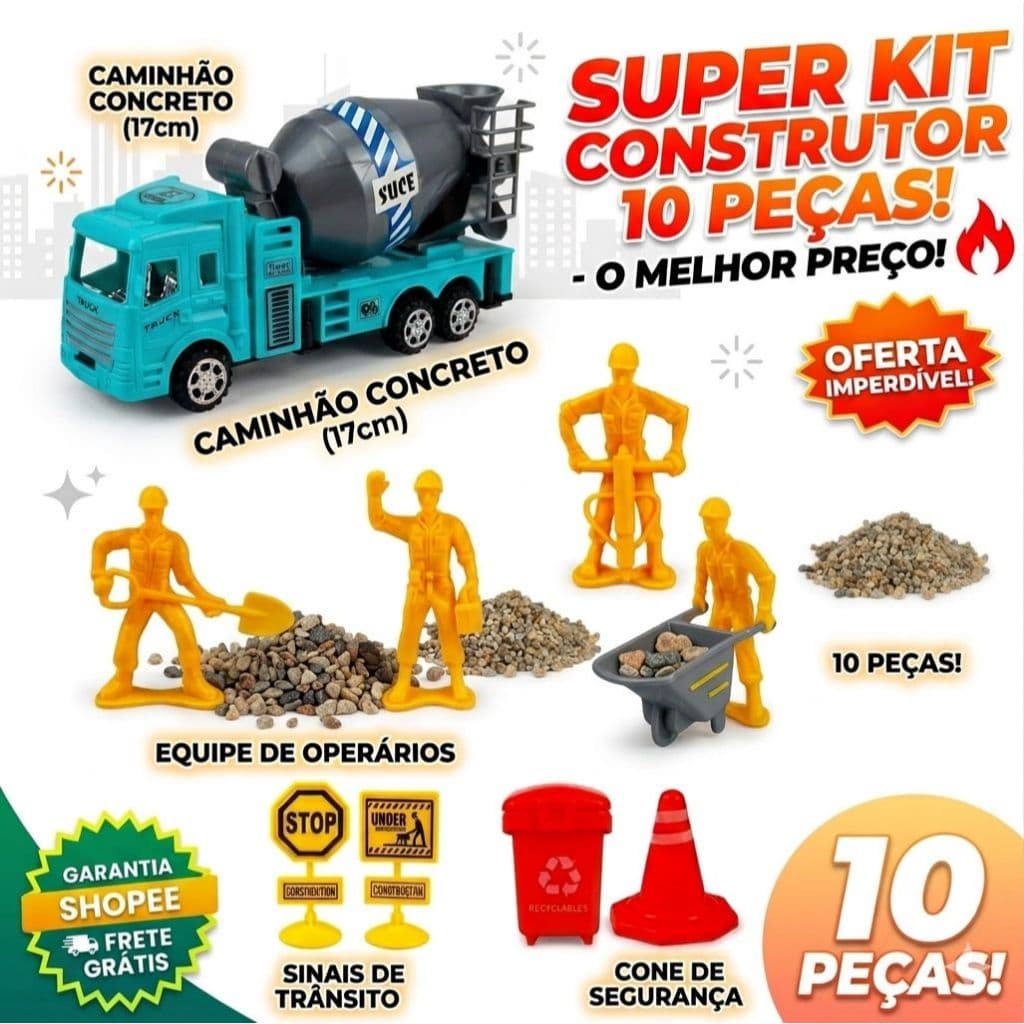 Time de Construtores Kit 10 Peças Com Caminhão Betoneira, Guindaste, Operários, Acessórios, Brinquedo Infantil, Completo