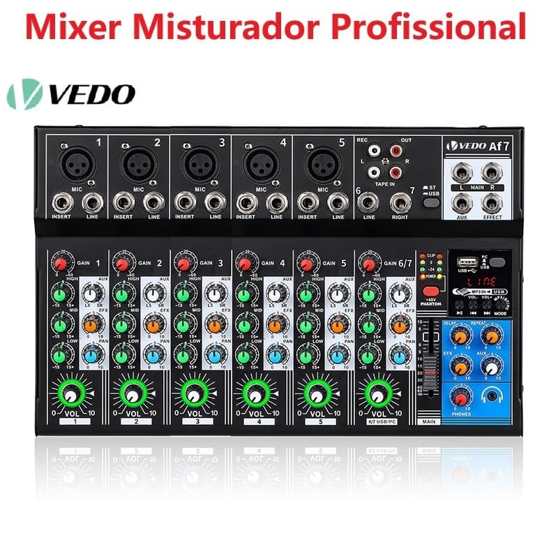 VEDO Mixer Misturador Profissional AF7 Analógico Placa de som Digital Fundida 7 Canais