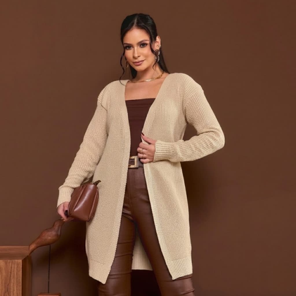 Cardigan Feminino Tricot Alongado Casaco Meia Estação Fio Premium