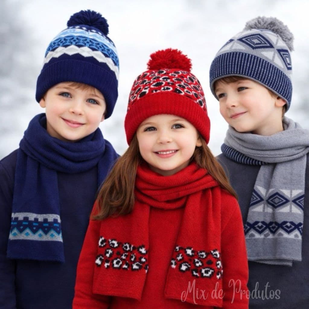 Kit Touca e Cachecol Lã Infantil 0230 Inverno Menina e Menino
