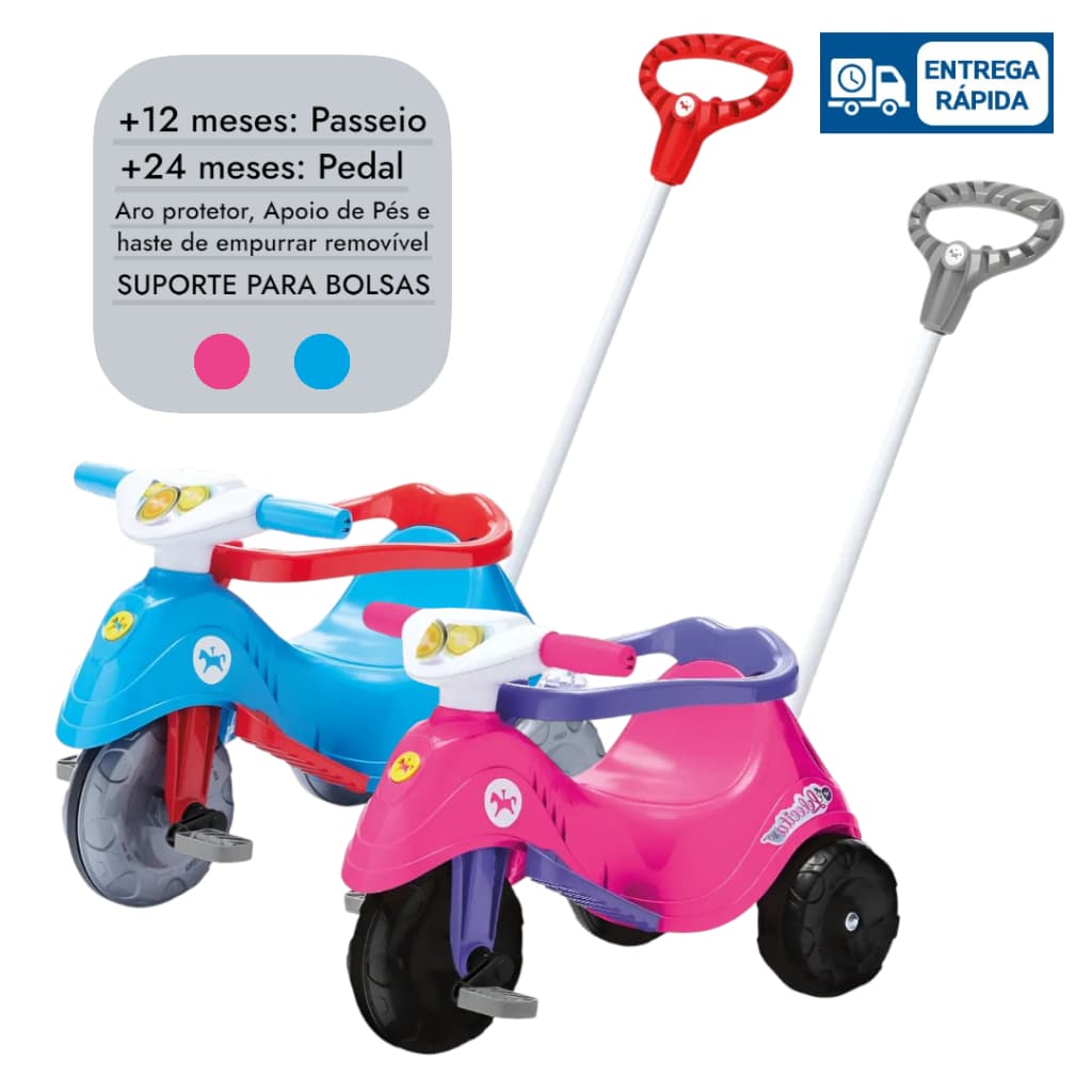 Triciclo Infantil Lelecita com Haste Guiadora, Pedal, Cercado de Proteção – Triciclo Passeio - Velocipede