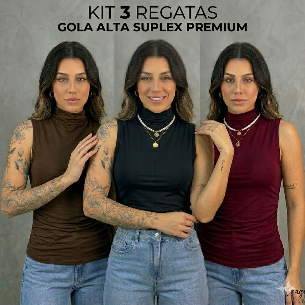 Kit 3 Regata Gola Alta Suplex Premium Moda Fashion P ao GG