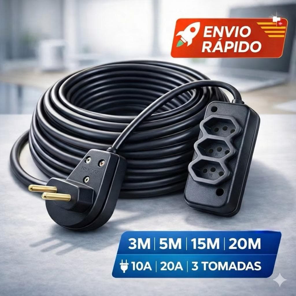 Extensão Elétrica Cabo PP 3, 5, 15 e 20 Metros Reforçada 2x2.5mm 10/20A Cor Preto Bivolt 127/220V