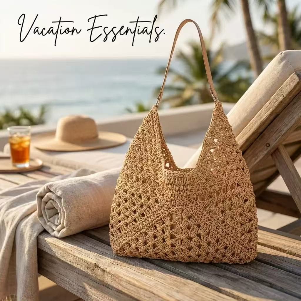Bolsa de palha feminina, elegante e perfeita para as férias, decorada com um padrão geométrico diagonal.(CR-C1477)