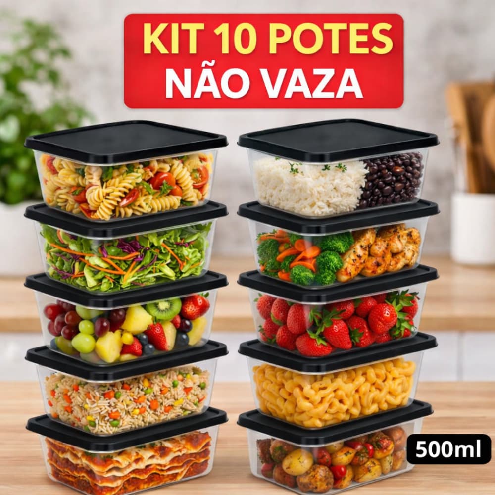 Kit 10 Potes 500ml Tampa Preto Firme Encaixe Seguro Marmita Freezer Microondas Empilhável