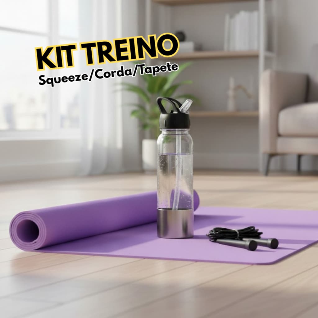 Kit Treino Completo Yoga Tapete + Corda de Pular + Garrafa Squeeze 750ml Fitness Academia