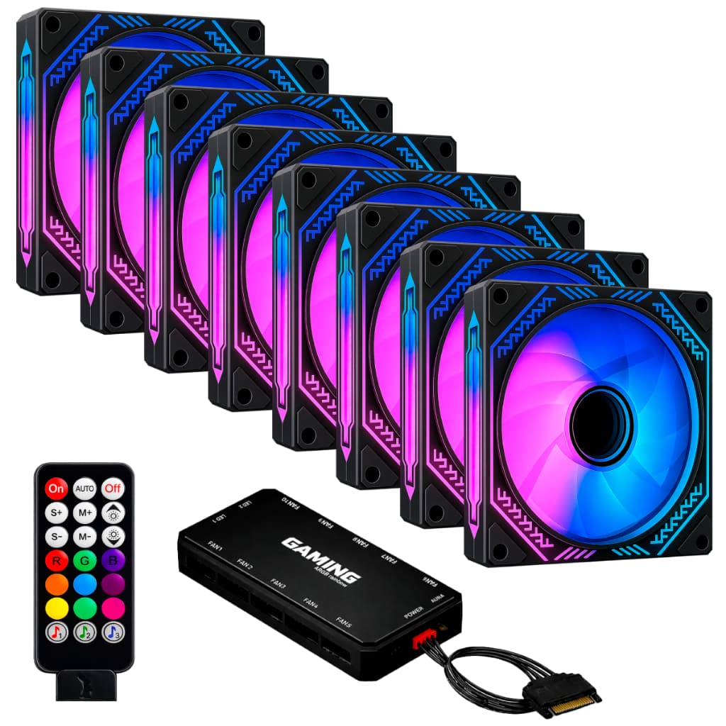 Kit 8 Fans Cooler Ventoinhas Aura Black Infinity ARGB Pc Gamer C/ Controladora Hub Preto