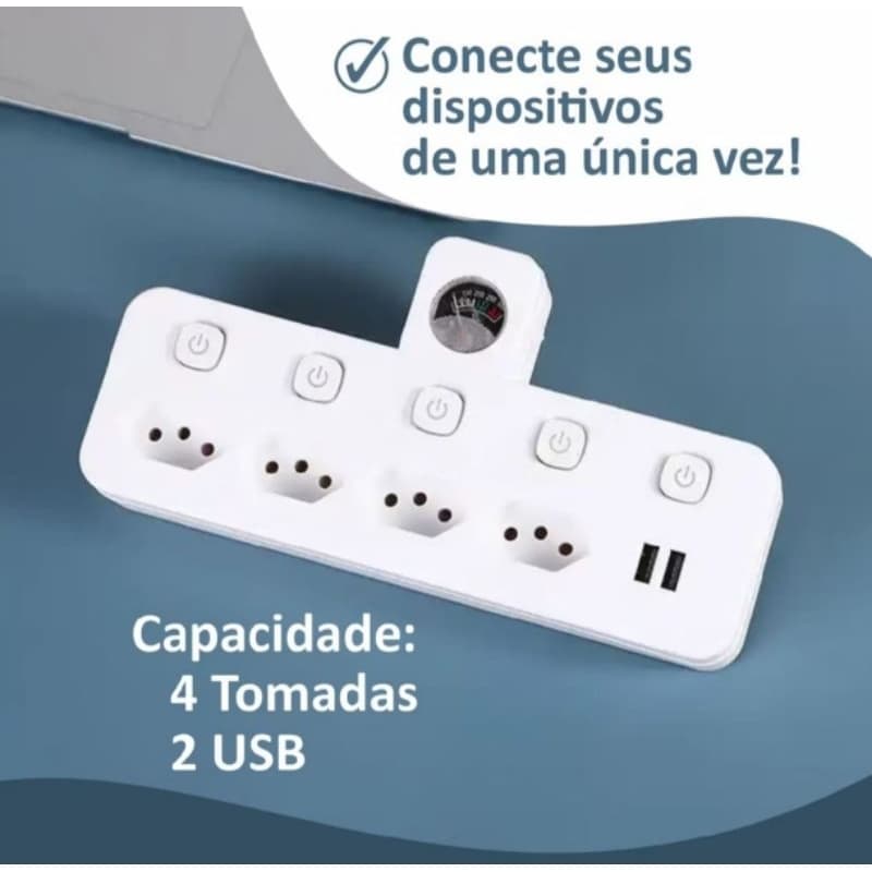 Filtro De Linha Energia 4 Tomadas 2 Usb Medidor DeVoltagem