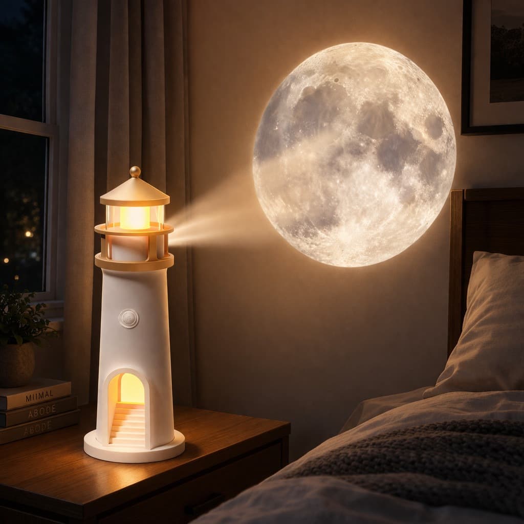 Luminária Farol com projetor de Lua LED, Luz noturna de farol para crianças, luz de lua recarregável