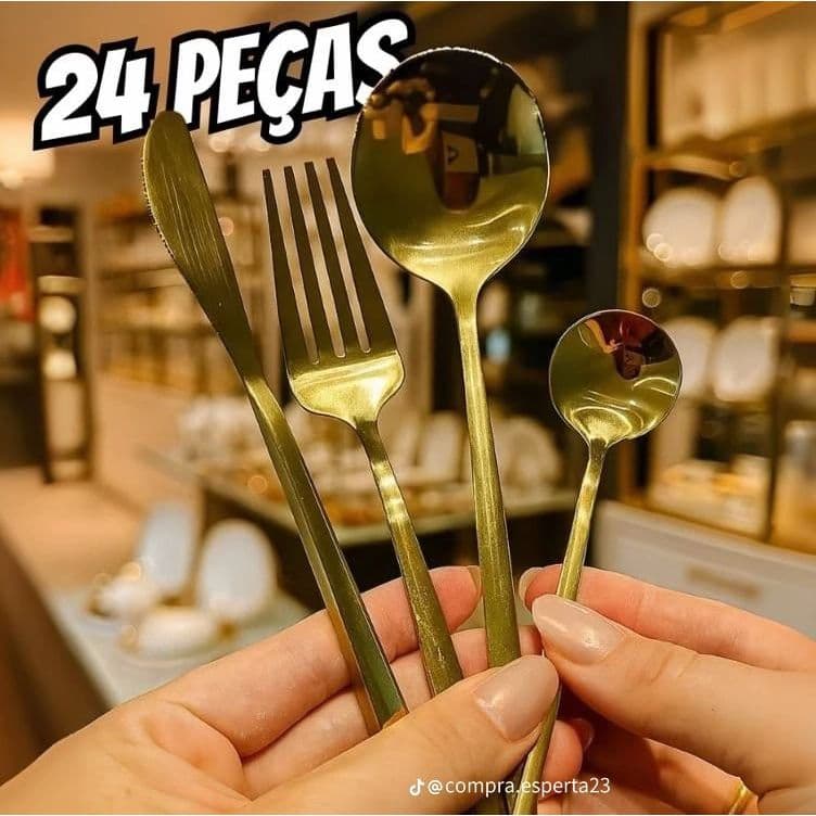 Conjunto Talher 24 Peças - Dourada  Premium: Sua Mesa com Estilo de Restaurante