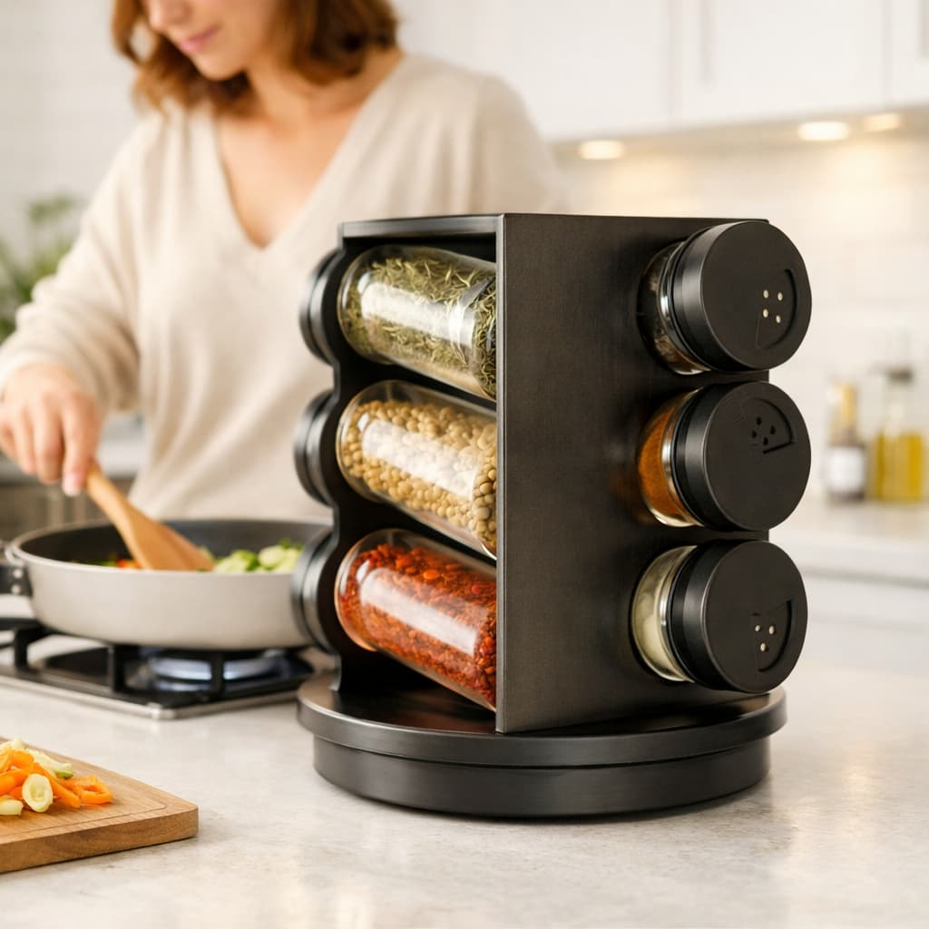 Porta Temperos Condimentos Giratório Com 6 Potes 80ML Organizador Moderno Preto Vidro