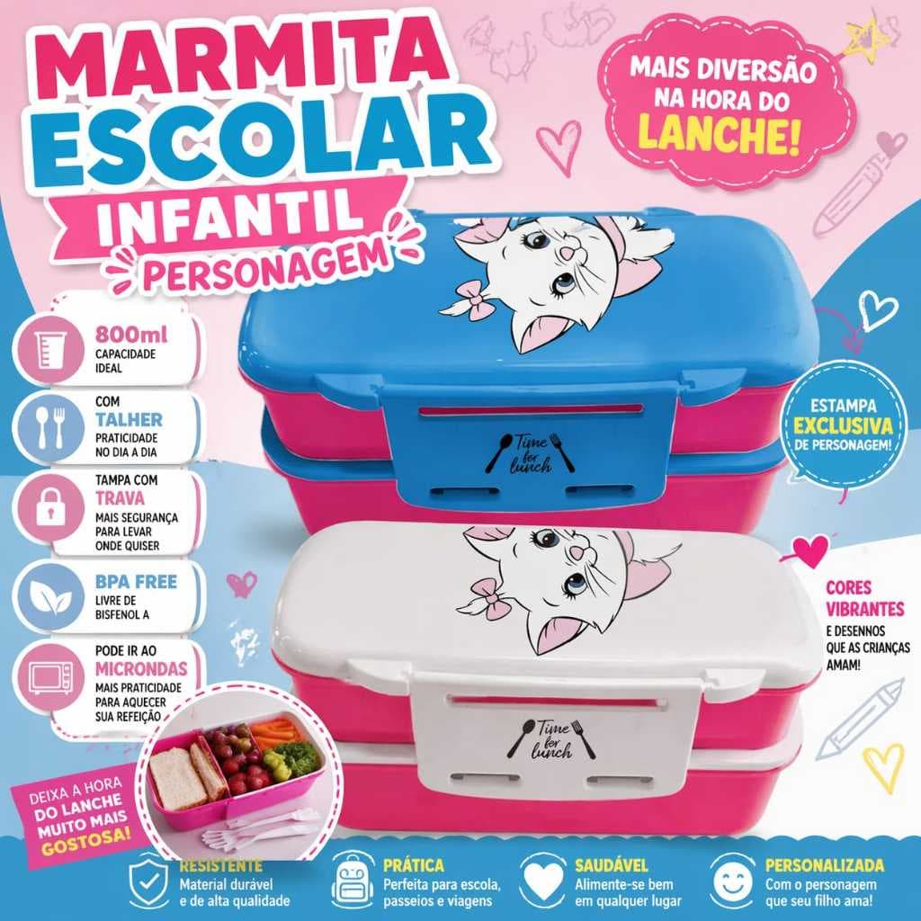 Marmita Lancheira 2 Potes Personalizada Gatinha/ Infantil Menina C/Talher Envio Rapido