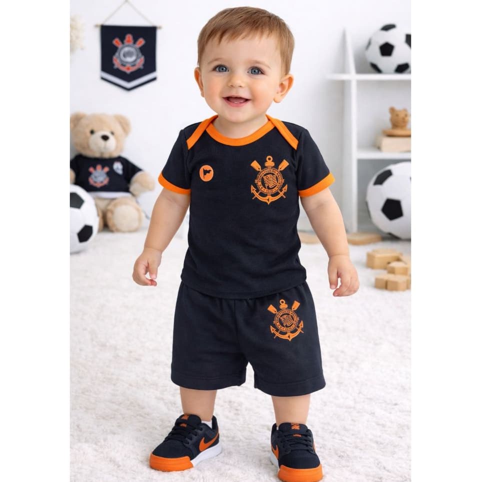 Conjunto Corinthians lll - Laranja Body + Short Uniforme Novo Futebol Bebê Jogador