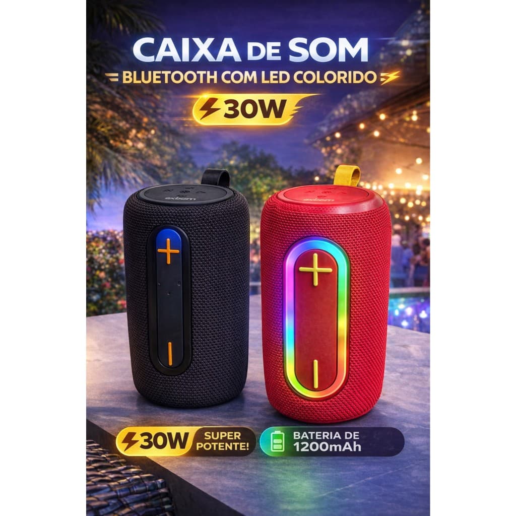 Caixa de Som Bluetooth 30W LED RGB Exbom Portátil TWS Som Potente