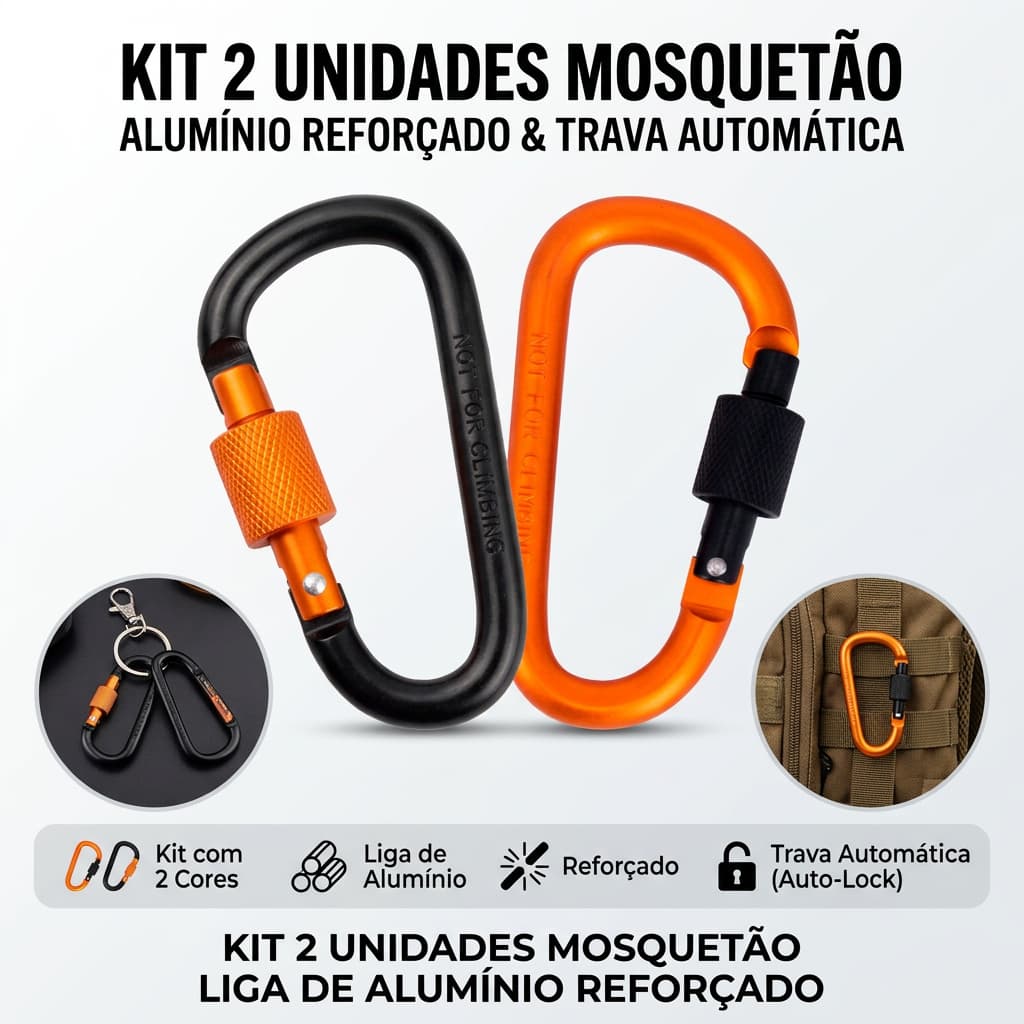 Kit 2 Unidades Mosquetão Liga de Alumínio Reforçado Mochila Chaveiro com Trava Automático