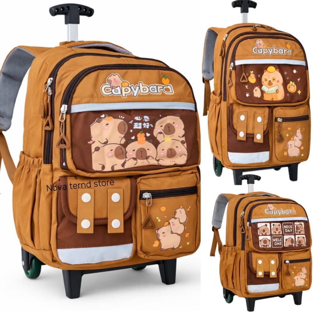 Mochila Infantil com Rodinhas Capivara 42cm Escolar Resistente com Carrinho Ajustável