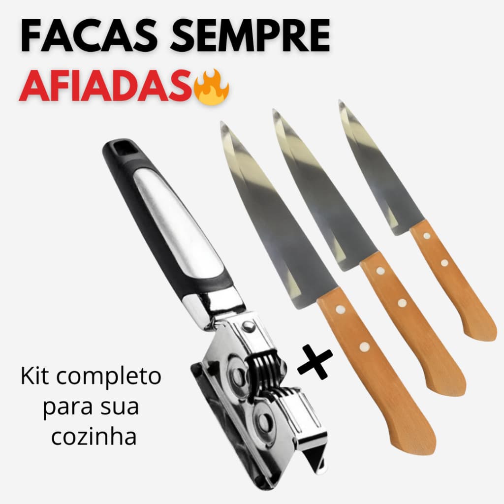 Jogo 3 Facas Inox Amolador Kit Completo Cozinha