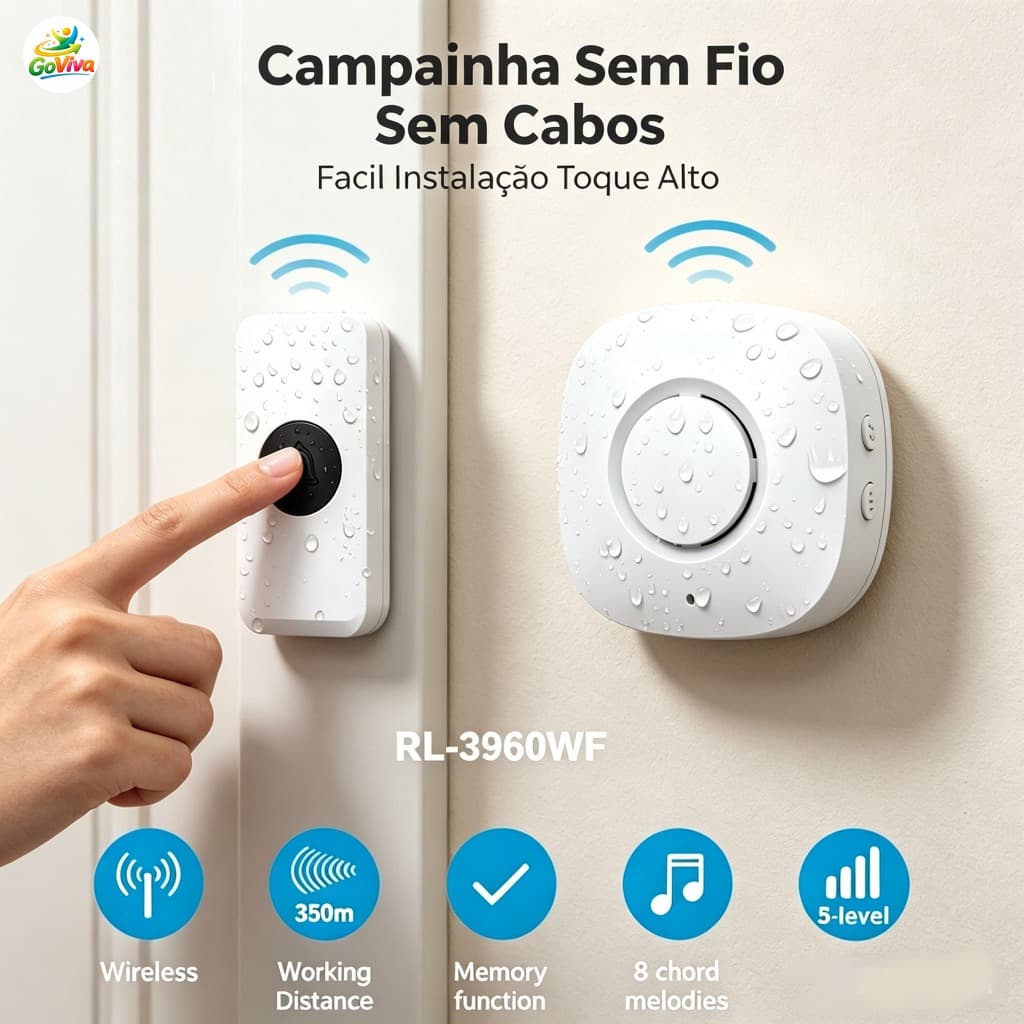 Campainha Sem Fio com 1 Botão e 1 Receptor, Fácil Instalação sem Fios para Casa, Apartamento e Idosos