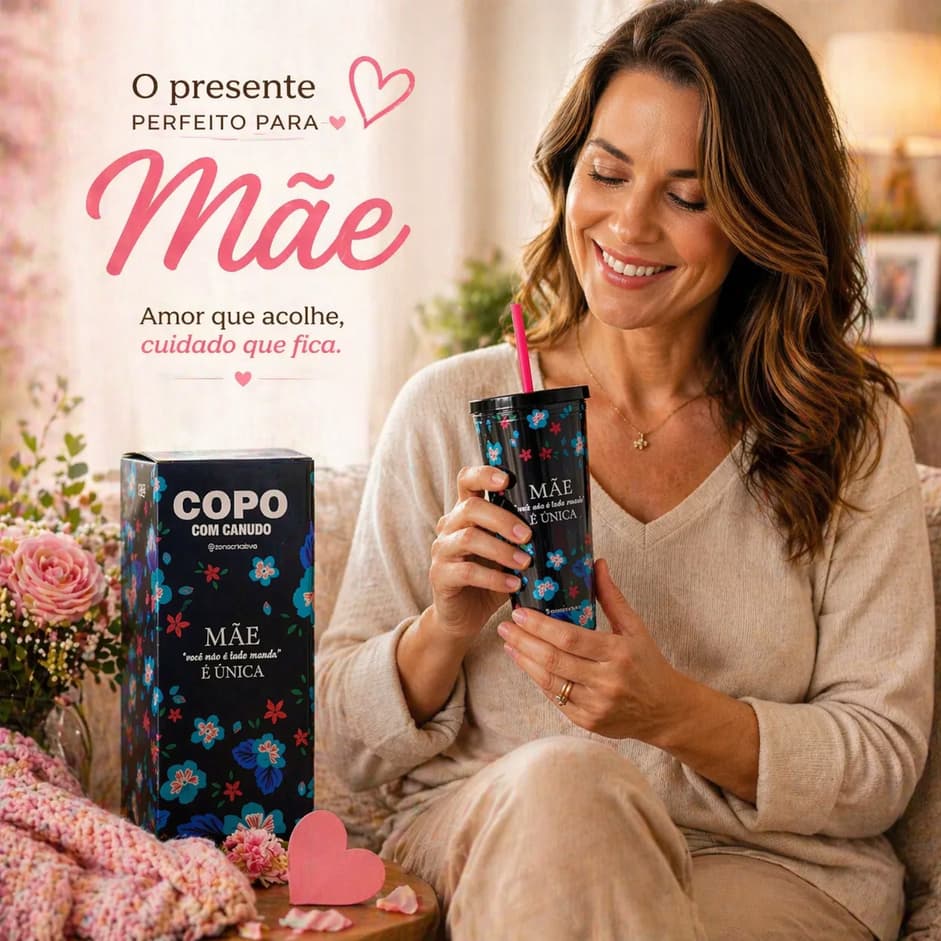 Presente Dia das Mães 💖 Copo 650ml com Canudo Mãe É Única Zona Criativa