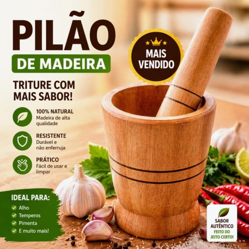 Pilão de Madeira com Socador 15cm Triturador de Alho Tempero Cozinha Resistente