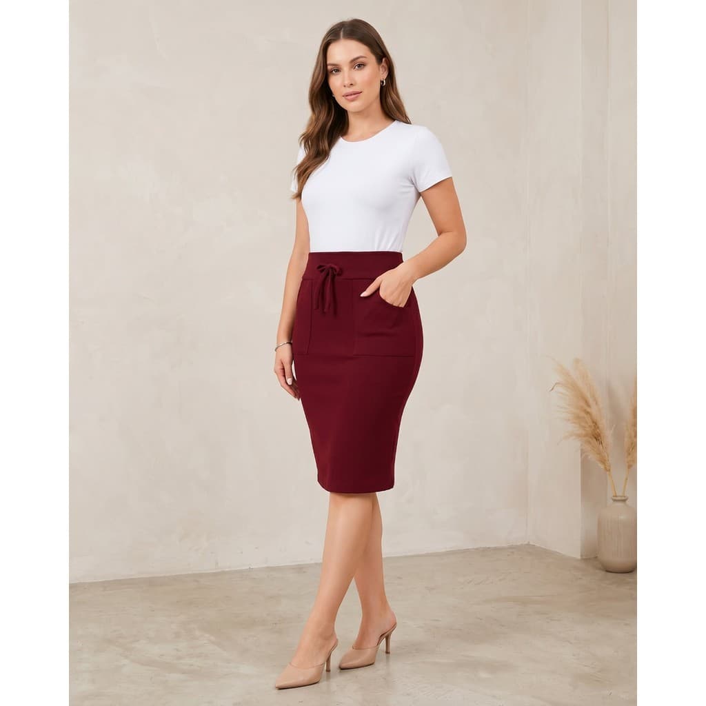 Saia Midi Lápis Social Com Bolsos Moda Evangélica Moda Feminina Cintura Com Cordão
