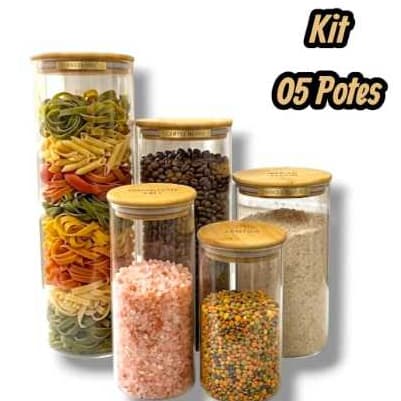 Kit 5 Potes Vidro Herméticos Redondo Para Mantimentos Com Tampa de Bambu Moderno Organização Pote Mantimento