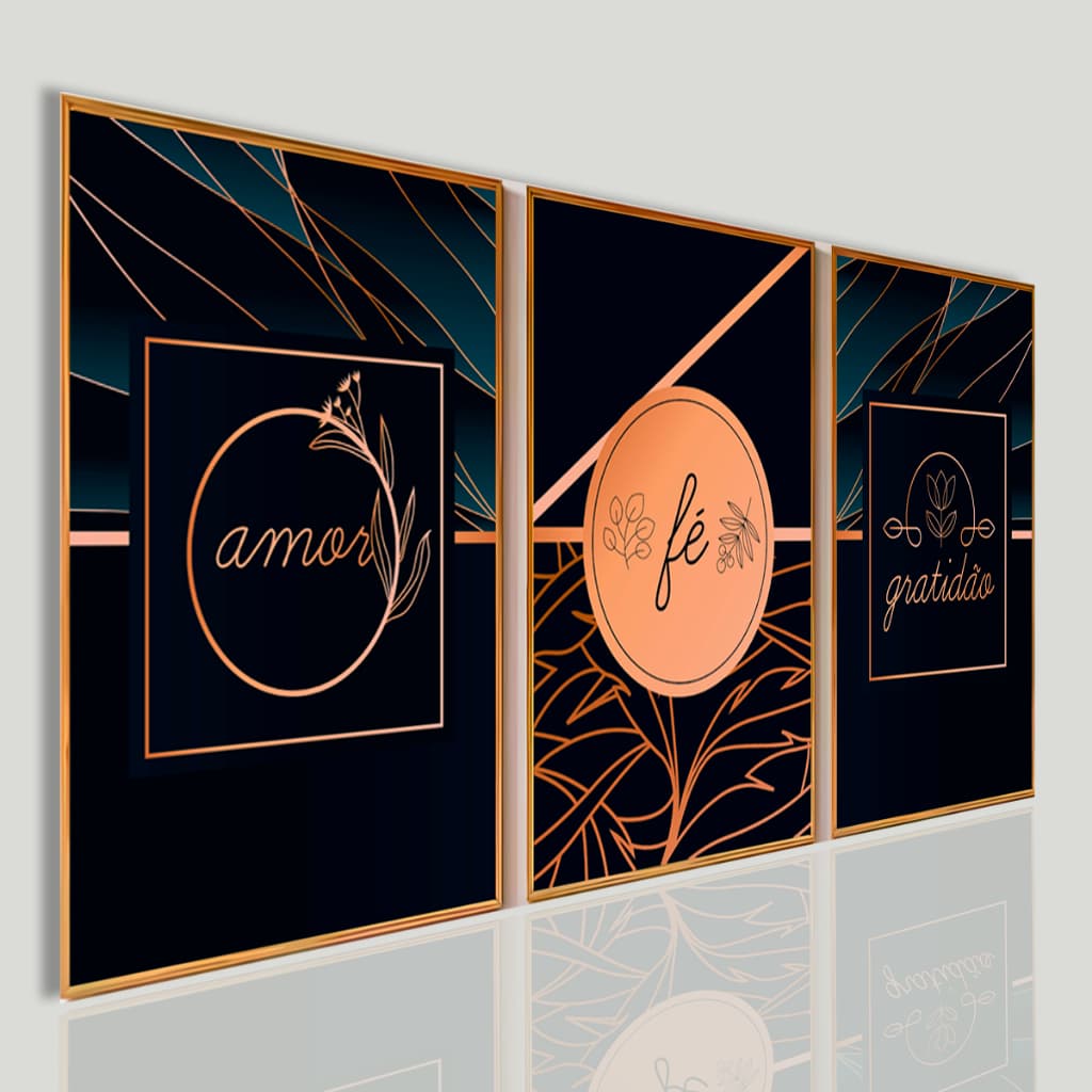 Trio Quadros Decorativos Sofisticado Sala Quarto Amor Fé Gratidão Rose Gold Luxo Kit
