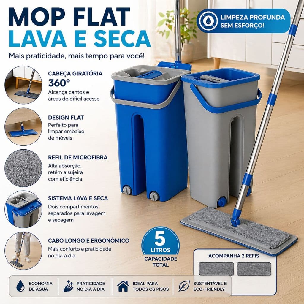 Mop Flat Com Balde Lava e Seca 360° Não Precisa Torcer Pano Limpeza Fácil porcelanato laminado Casa