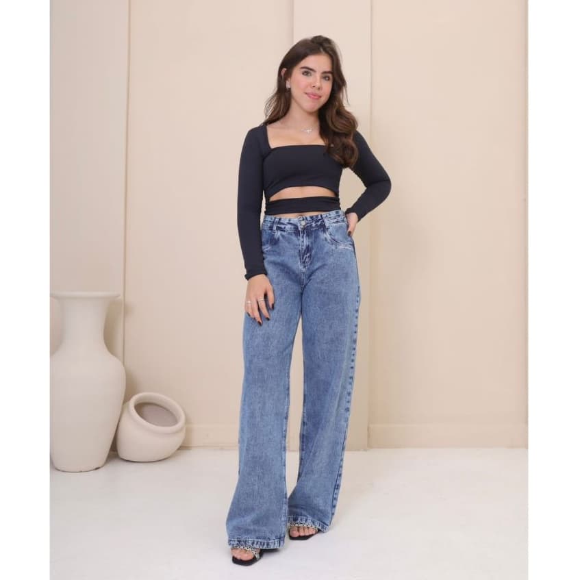 Calça Jeans Wide Leg Feminina Reta Moda de Menina Com Ajuste Infantil Juvenil 10-16