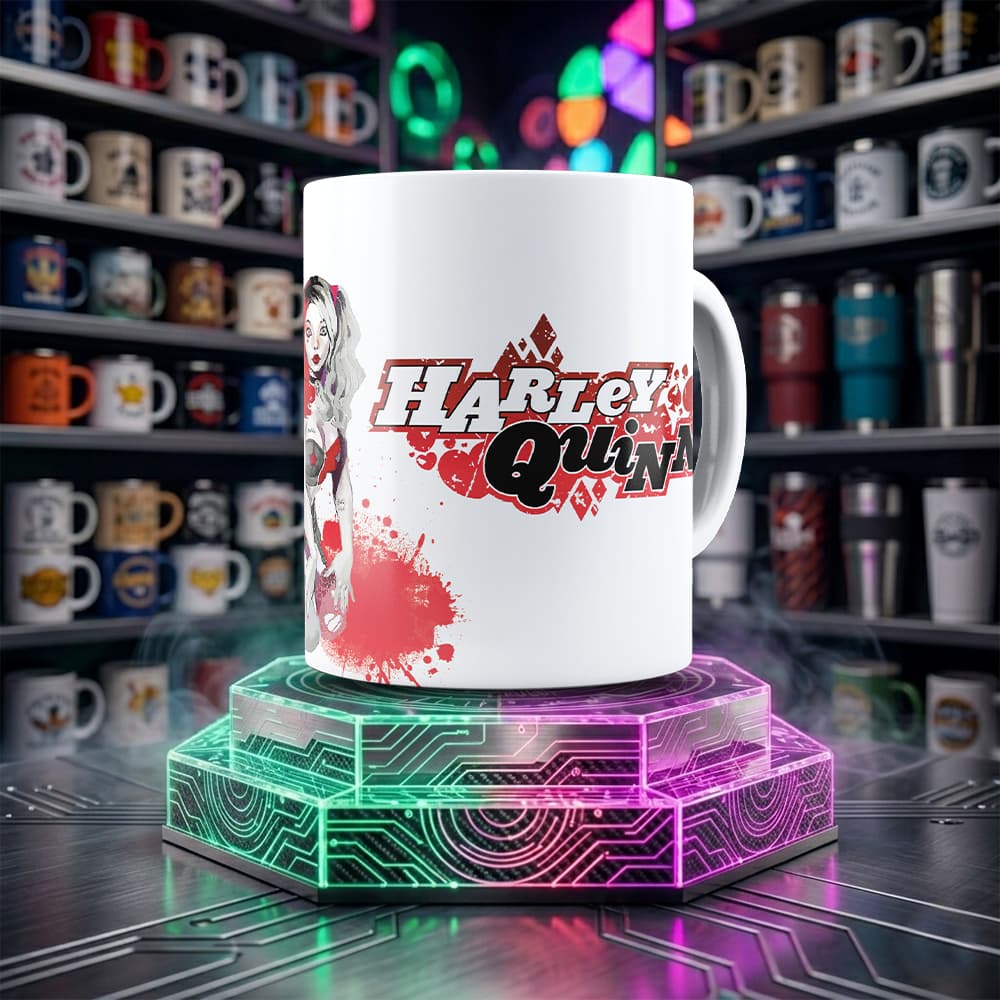 Caneca Arlequina Branca de Cerâmica 325ml com Estampa Geek | Harley Quinn Presente DC