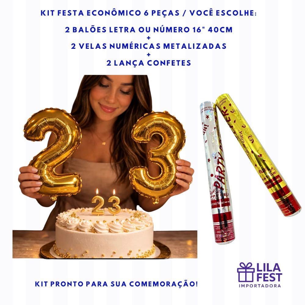Kit festa econômico 2 balões letra ou número + 2 velas numéricas metalizadas + 2 lança confetes (opcional)